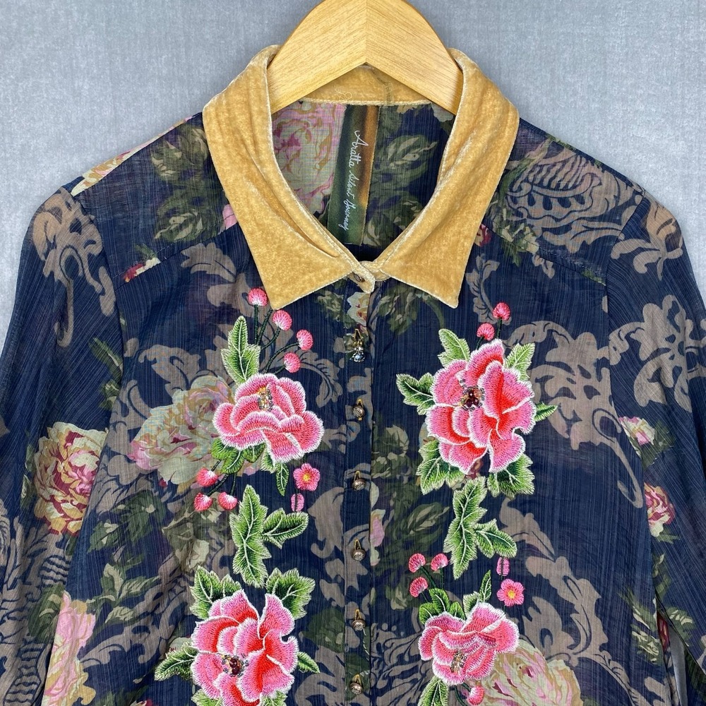 Aratta Silent Journey Blouse Womens Size S Sheer Floral Embroidered Boho Velvet - Picture 4 of 12